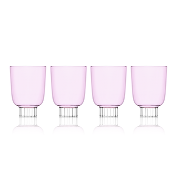 Four pink wine glasses with silver bases on a white background