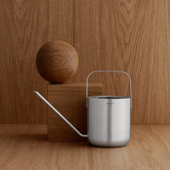 Silver watering can and wooden ball on a wooden surface with a wooden wall background