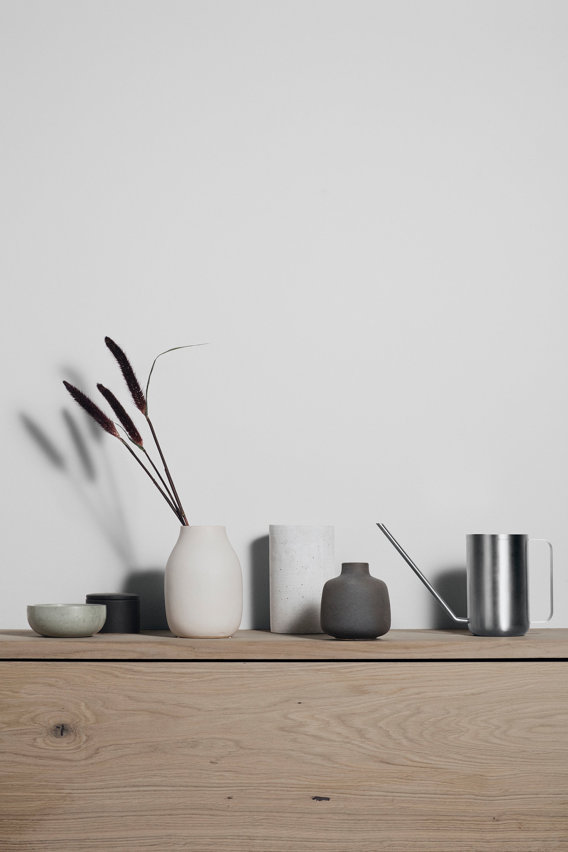 Minimalist setup with vases, a watering can, and a plant on a wooden surface against a light gray wall.