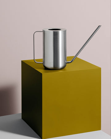 Silver watering can on a green cube against a plain background