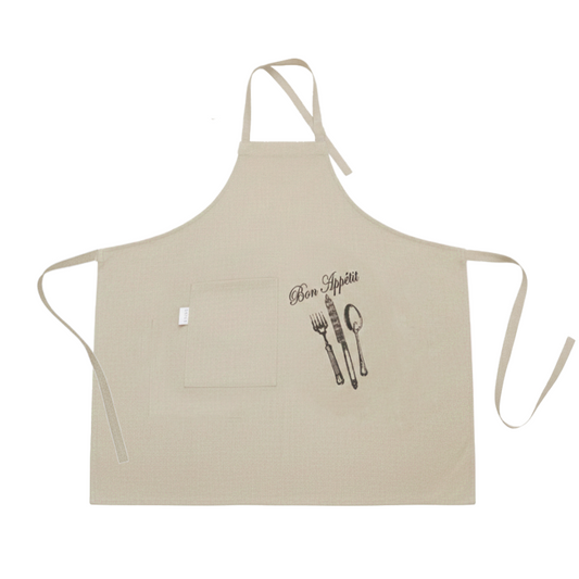 Beige apron with 'Bon Appetit' and utensil design on a white background