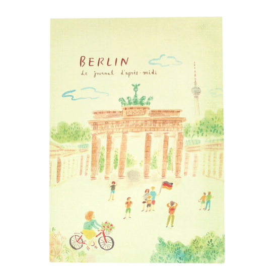 Notebook cover with illustration of the Brandenburg Gate and people in a park, featuring the word 'Berlin'.