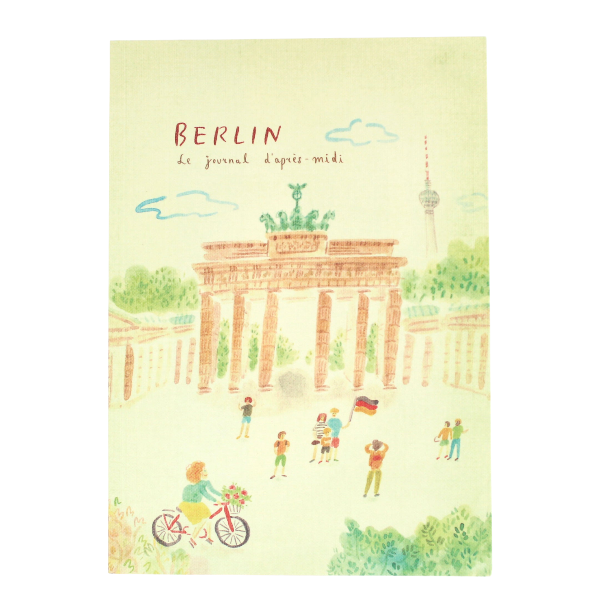 Notebook cover with illustration of the Brandenburg Gate and people in a park, featuring the word 'Berlin'.