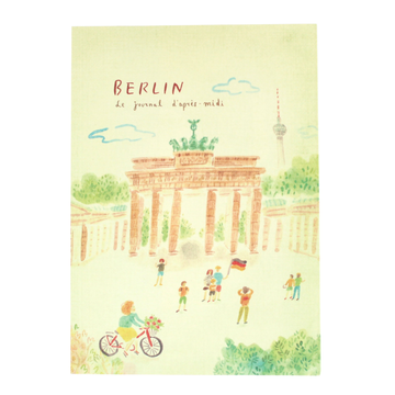 Notebook cover with illustration of the Brandenburg Gate and people in a park, featuring the word 'Berlin'.