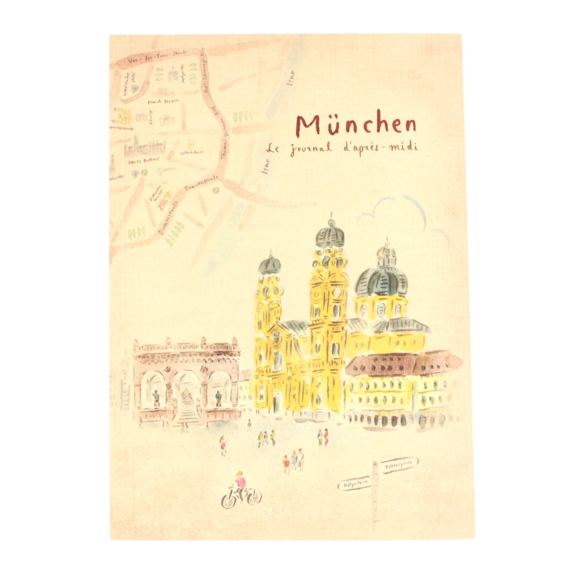 Notebook cover with illustration of a cathedral and 'München' text on a light background