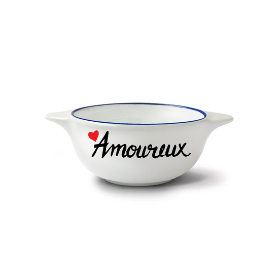 White bowl with blue rim and 'Amoureux' text and heart symbol on a white background