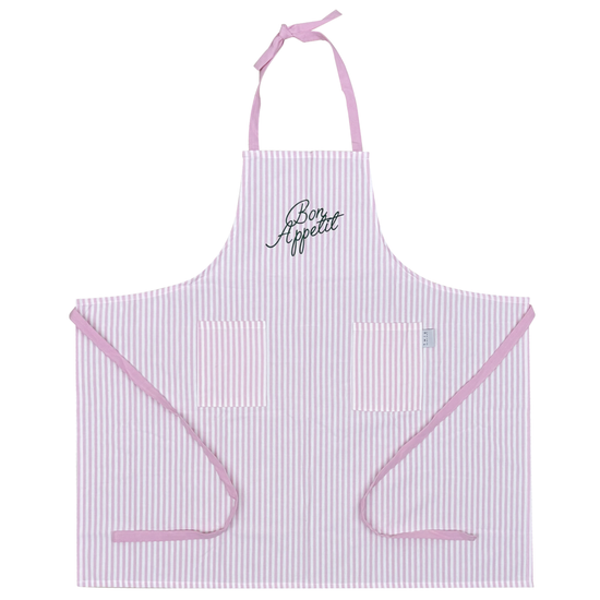 Pink and white striped apron with 'Bon Appetit' text on a white background
