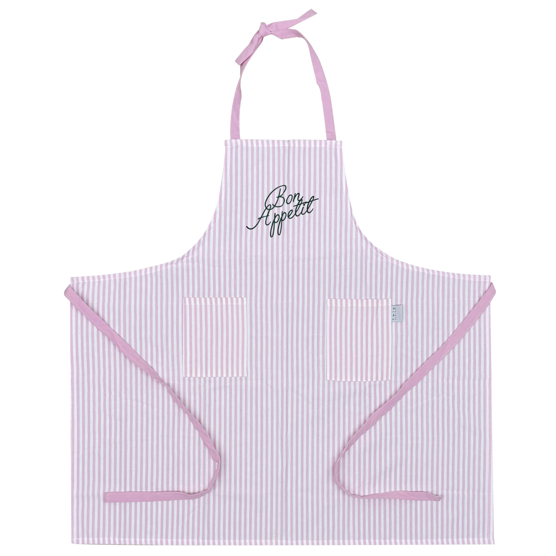 Pink and white striped apron with 'Bon Appetit' text on a white background