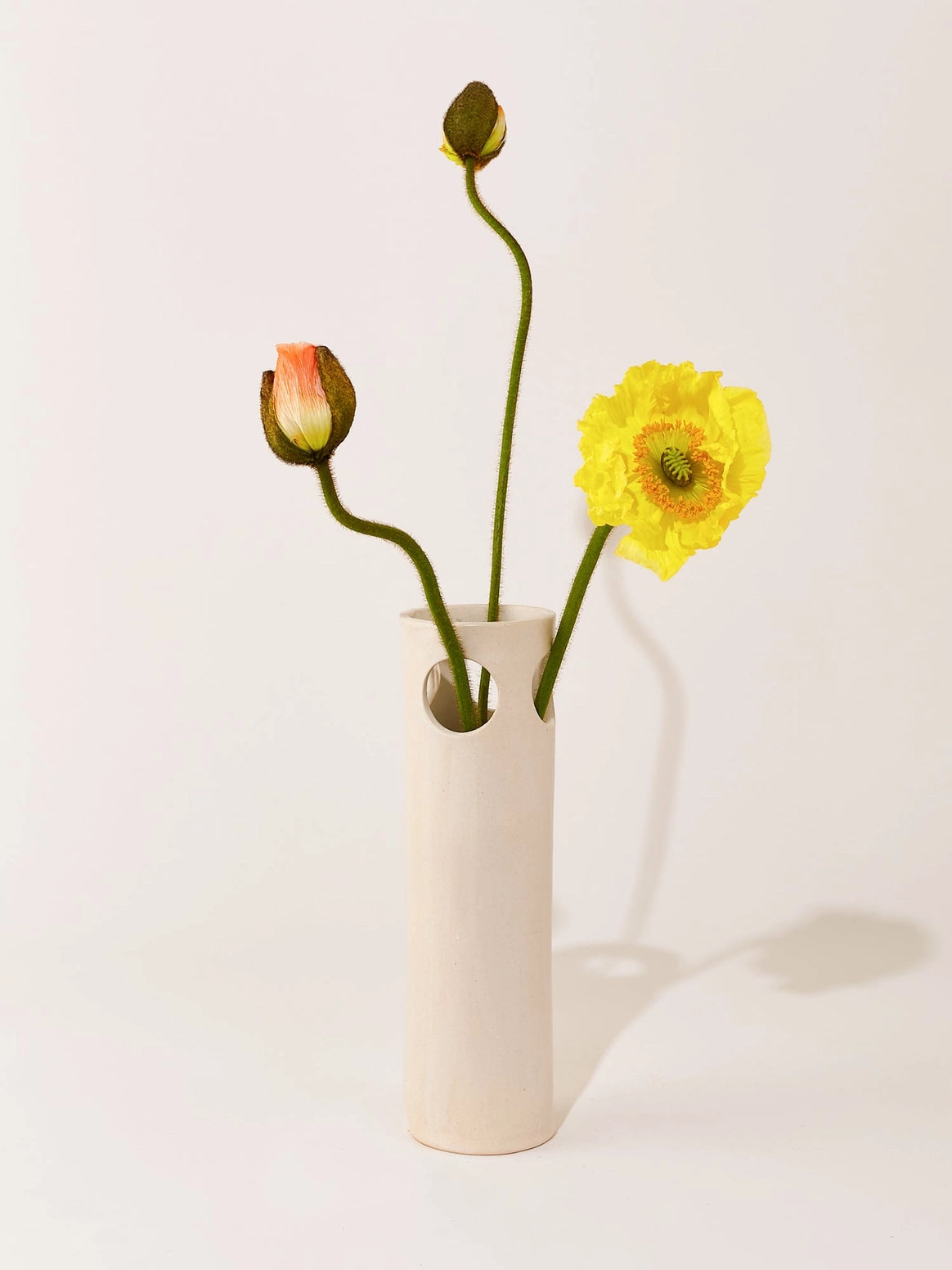 White vase with a yellow flower and buds on a light background