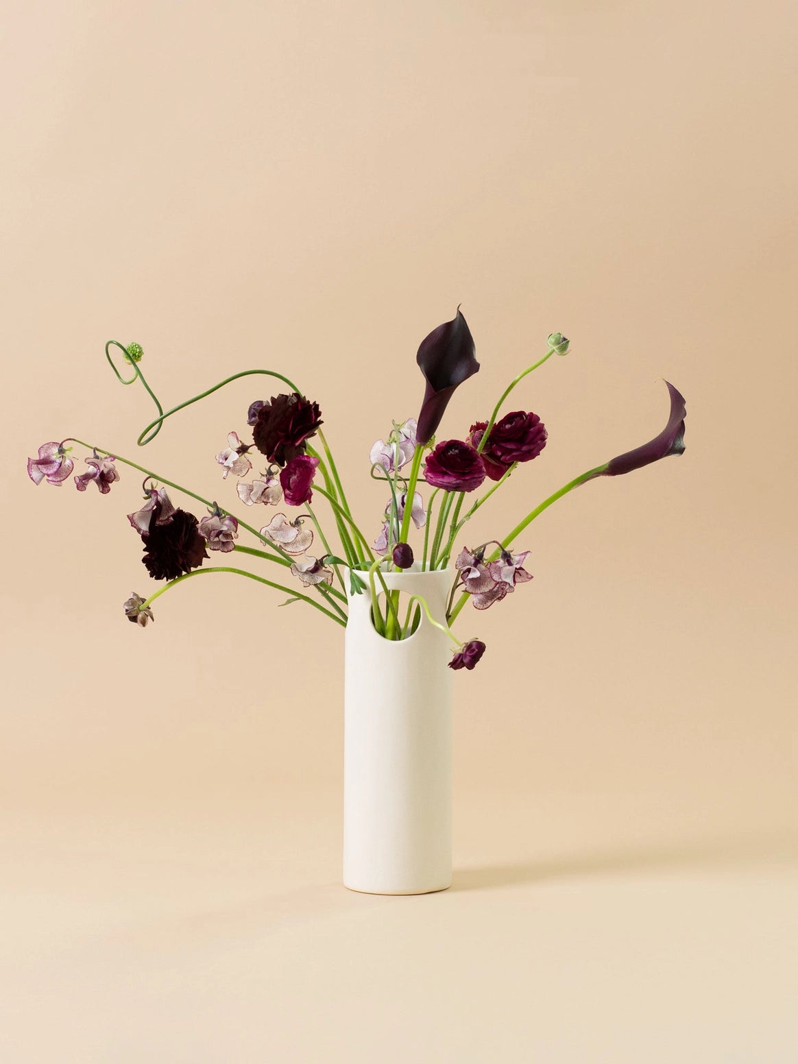 White vase with flowers on a beige background