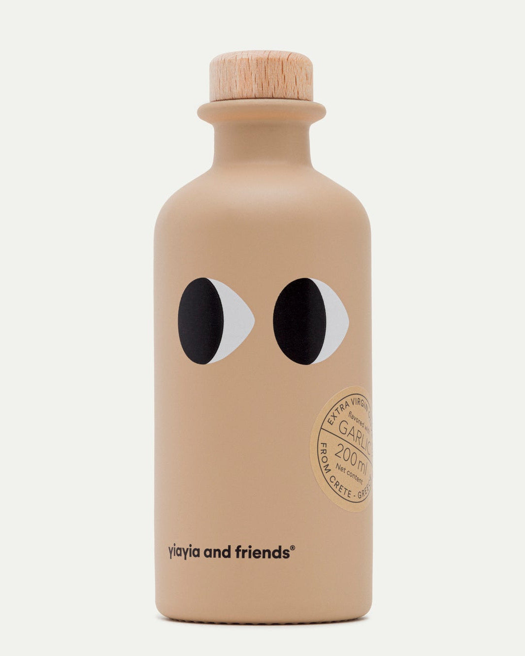 Beige olive oil bottle with black and white eyes on a white background