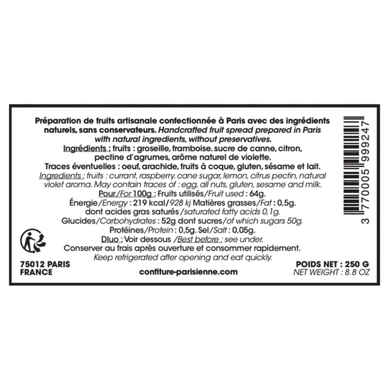 A product label displaying ingredients, nutrition information, storage instructions, and a barcode for a fruit spread