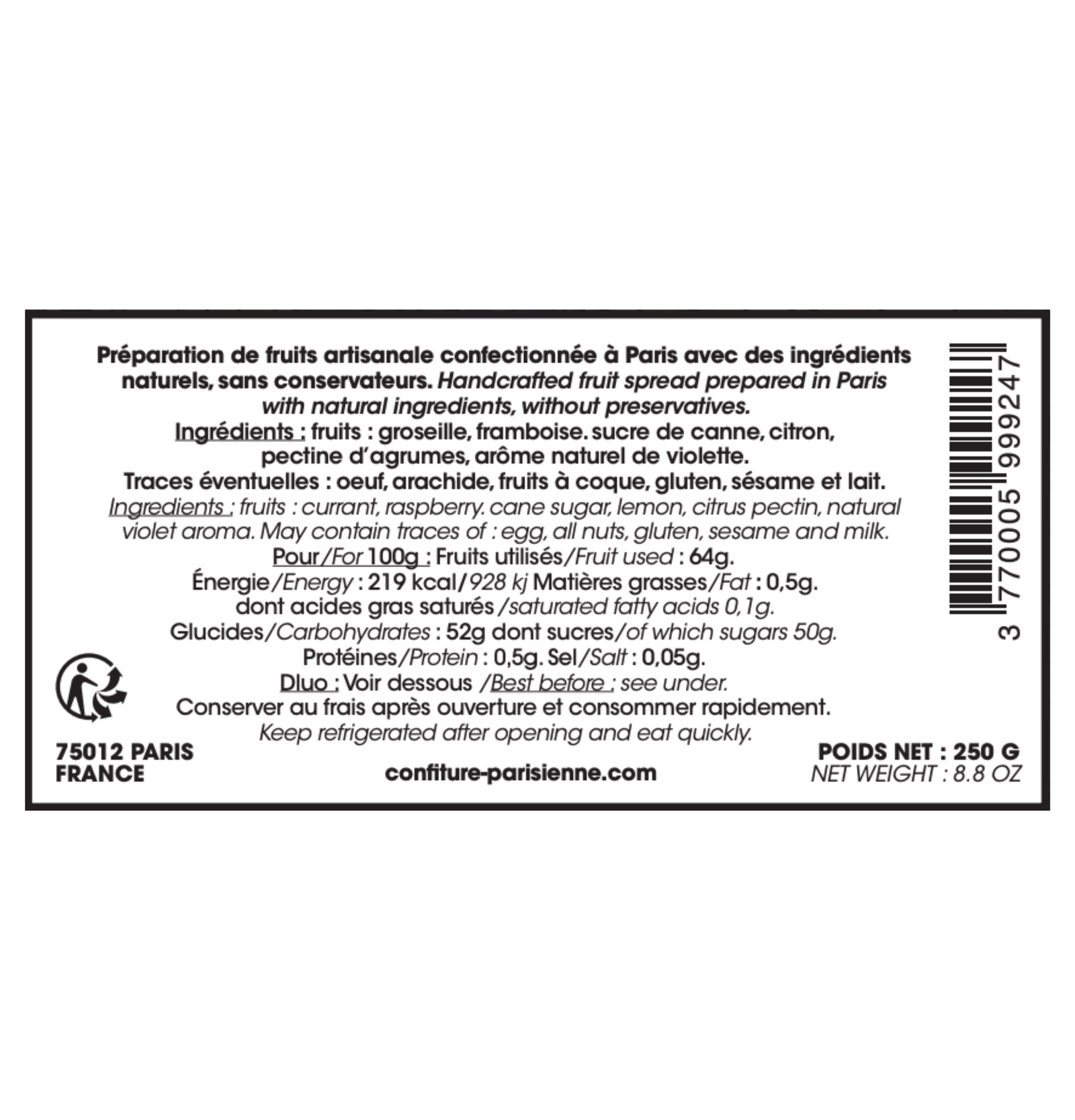 A product label displaying ingredients, nutrition information, storage instructions, and a barcode for a fruit spread