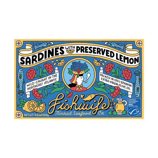 Colorful label for sardines with preserved lemon by Fishwife.